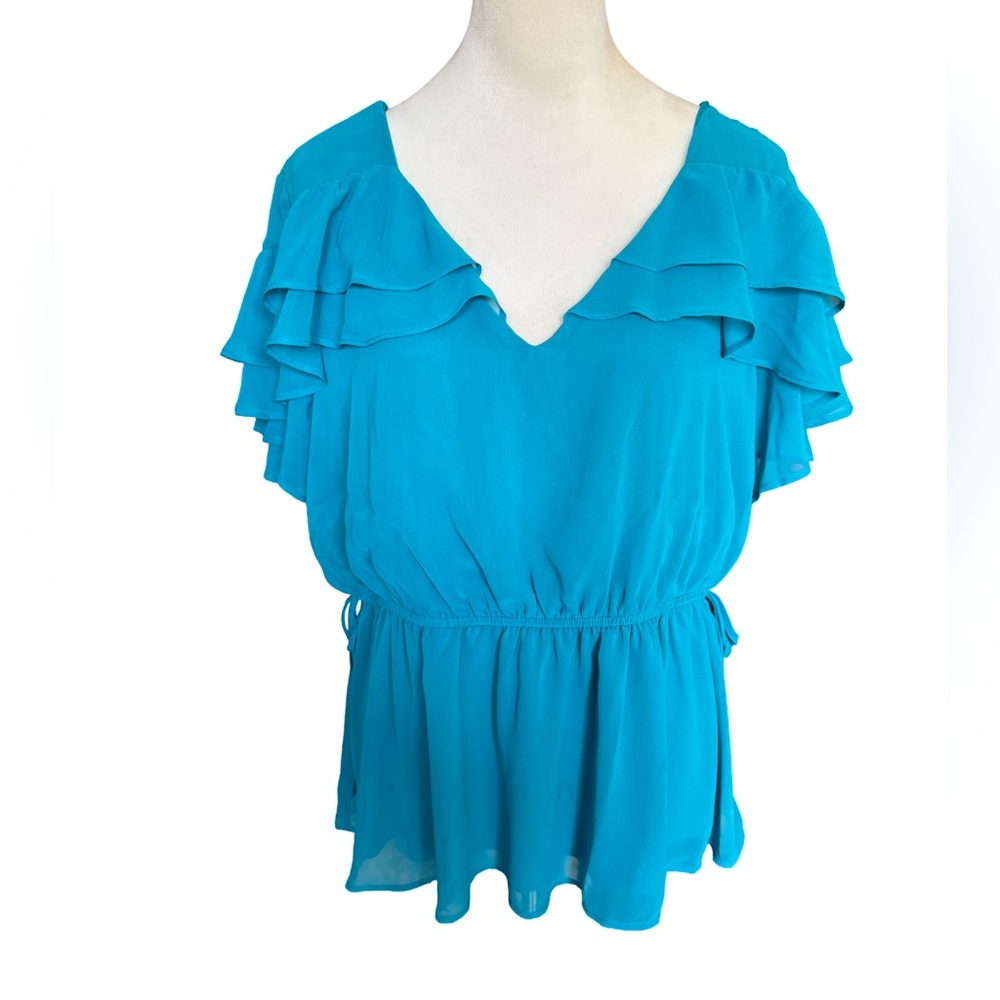 Lane Bryant Teal Chiffon Flutter Sleeve V Neck Ruffle Blouse Lined Plus Size 18P